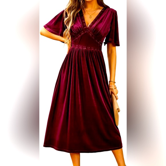 Velvet Bell Sleeve Lace Insert Dress - Picture 1 of 5